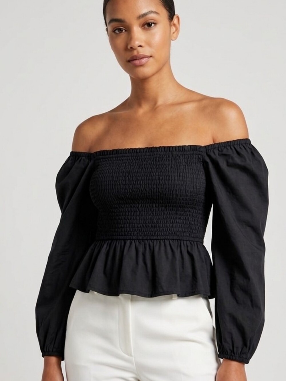J Crew Off-Shoulder Black Smocked Peplum Top Renaissace Boho